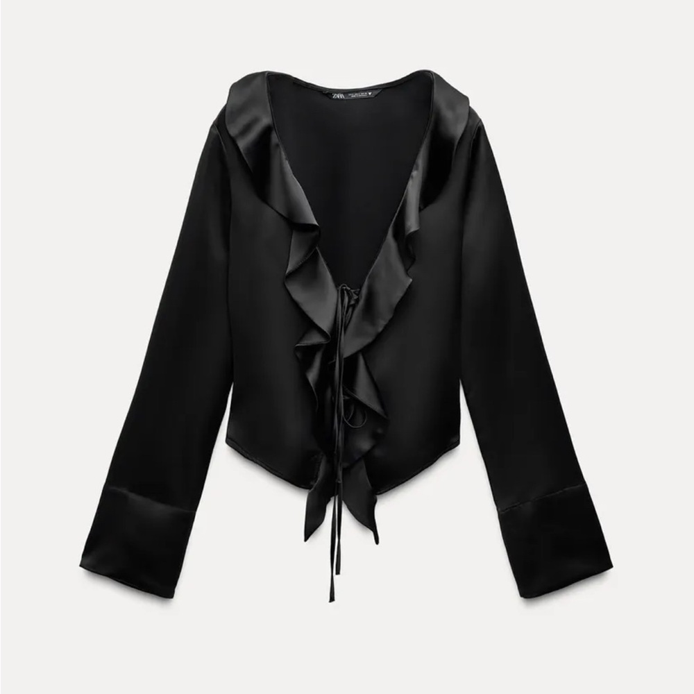 Zara Black Satin Ruffle Top